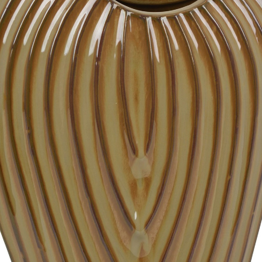 Kathy Decorative Vase, Asymmetrical Rim, Ribbed Brown Ceramic 15 Inch