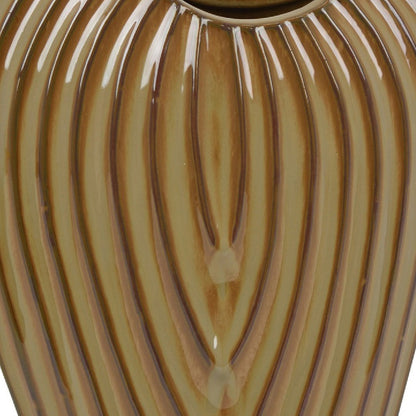 Kathy Decorative Vase, Asymmetrical Rim, Ribbed Brown Ceramic 15 Inch