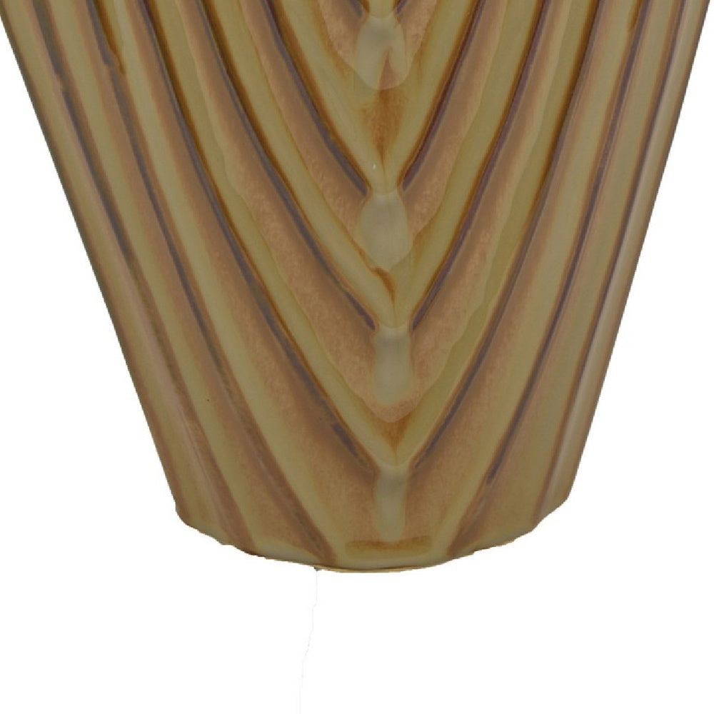 Kathy Decorative Vase, Asymmetrical Rim, Ribbed Brown Ceramic 15 Inch