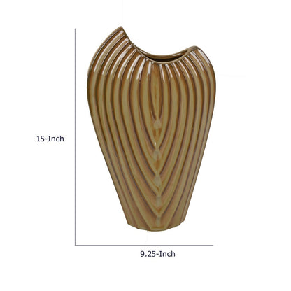 Kathy Decorative Vase, Asymmetrical Rim, Ribbed Brown Ceramic 15 Inch