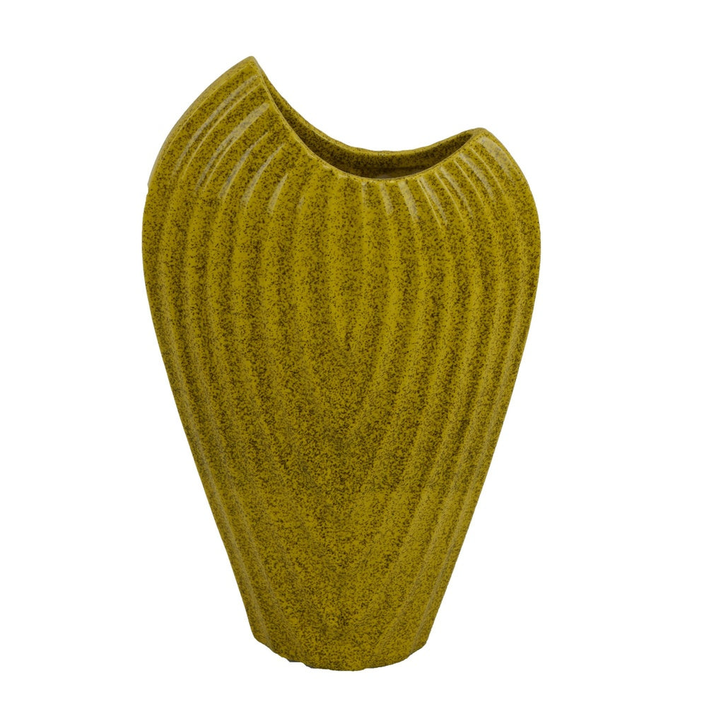 Kathy Decorative Vase, Asymmetrical Rim, Ribbed Yellow Ceramic 15 Inch