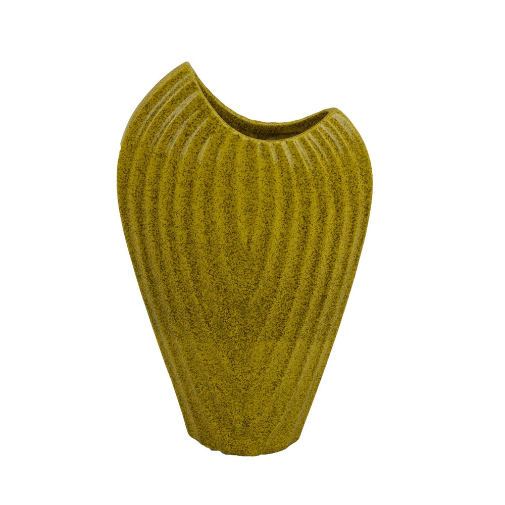 Kathy Decorative Vase, Asymmetrical Rim, Ribbed Yellow Ceramic 15 Inch