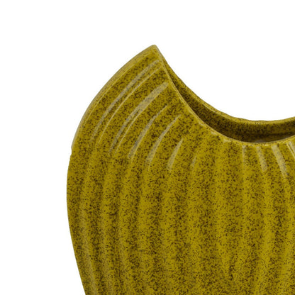 Kathy Decorative Vase, Asymmetrical Rim, Ribbed Yellow Ceramic 15 Inch