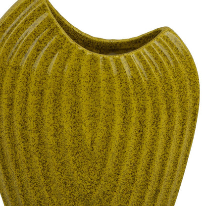 Kathy Decorative Vase, Asymmetrical Rim, Ribbed Yellow Ceramic 15 Inch