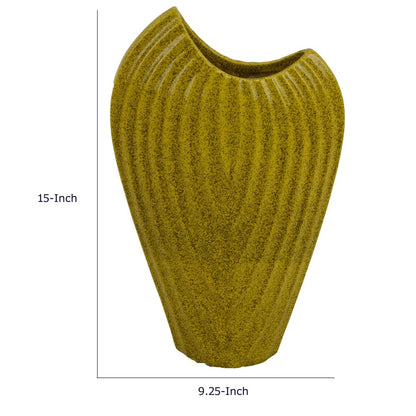 Kathy Decorative Vase, Asymmetrical Rim, Ribbed Yellow Ceramic 15 Inch