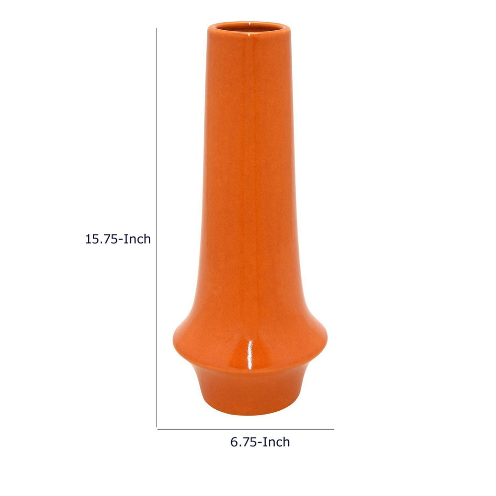 Seny Decorative Vase, Narrow Neck, Flared Base, Orange Ceramic 16 Inch