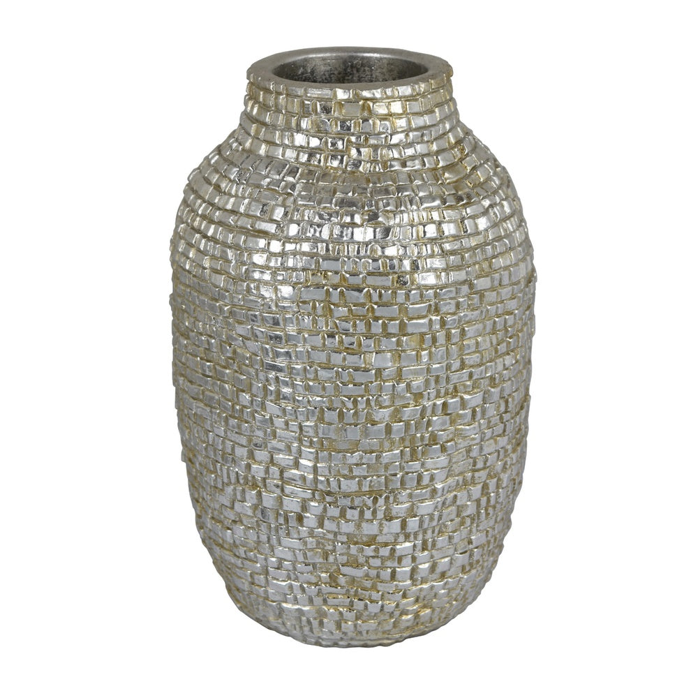 Jenna Decorative Vase with Brick-Like Patterns, Silver Textured Resin