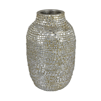 Jenna Decorative Vase with Brick-Like Patterns, Silver Textured Resin