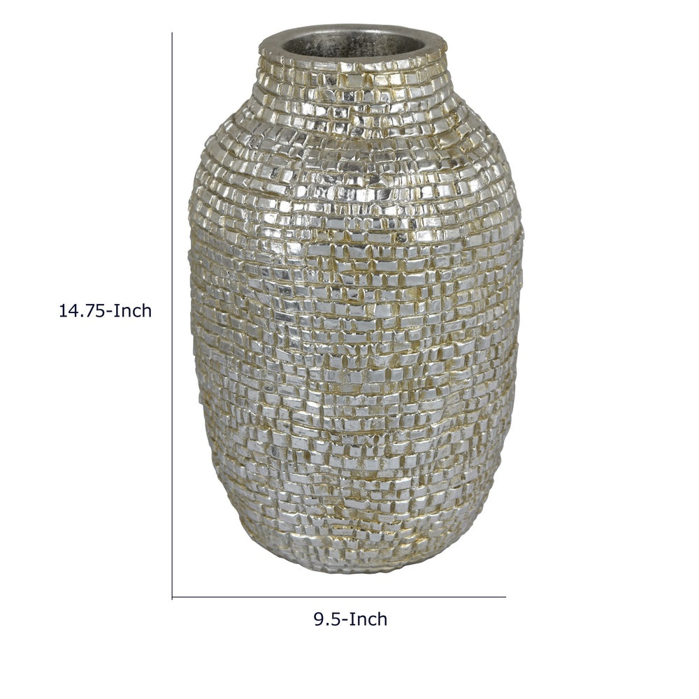 Jenna Decorative Vase with Brick-Like Patterns, Silver Textured Resin