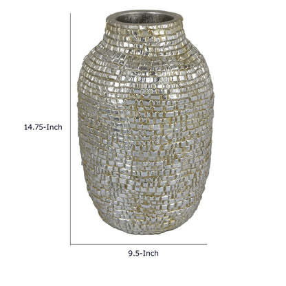 Jenna Decorative Vase with Brick-Like Patterns, Silver Textured Resin