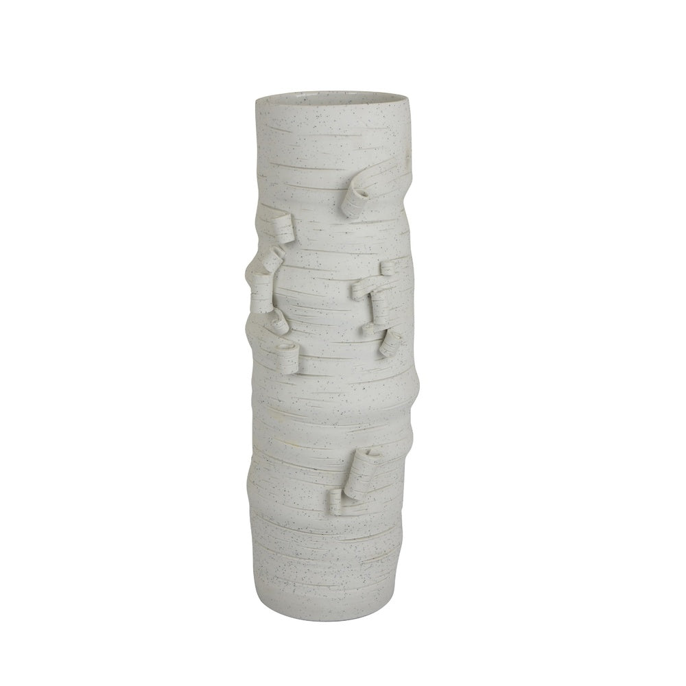 Moona Modern Vase with Sculpted Raised Details, White Textured Ceramic