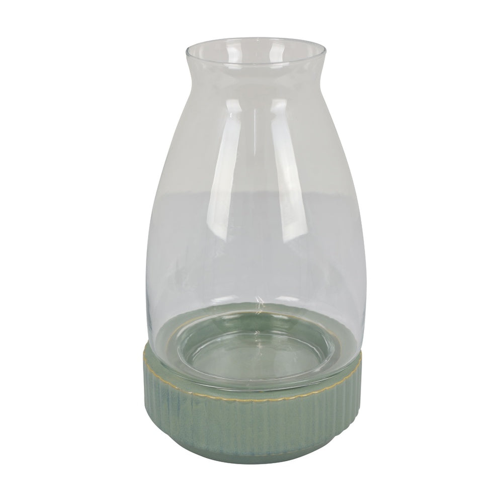 Ahna Modern Vase with Green Ribbed Ceramic Base, Clear Glass 16 Inch