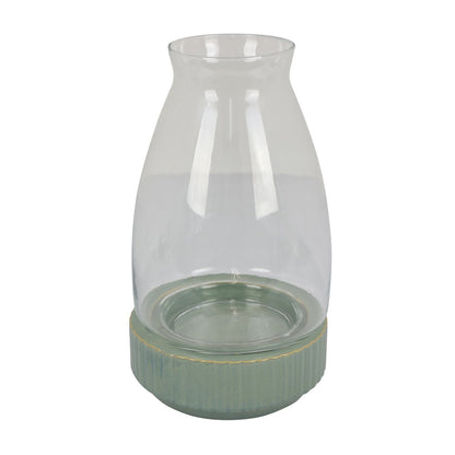 Ahna Modern Vase with Green Ribbed Ceramic Base, Clear Glass 16 Inch