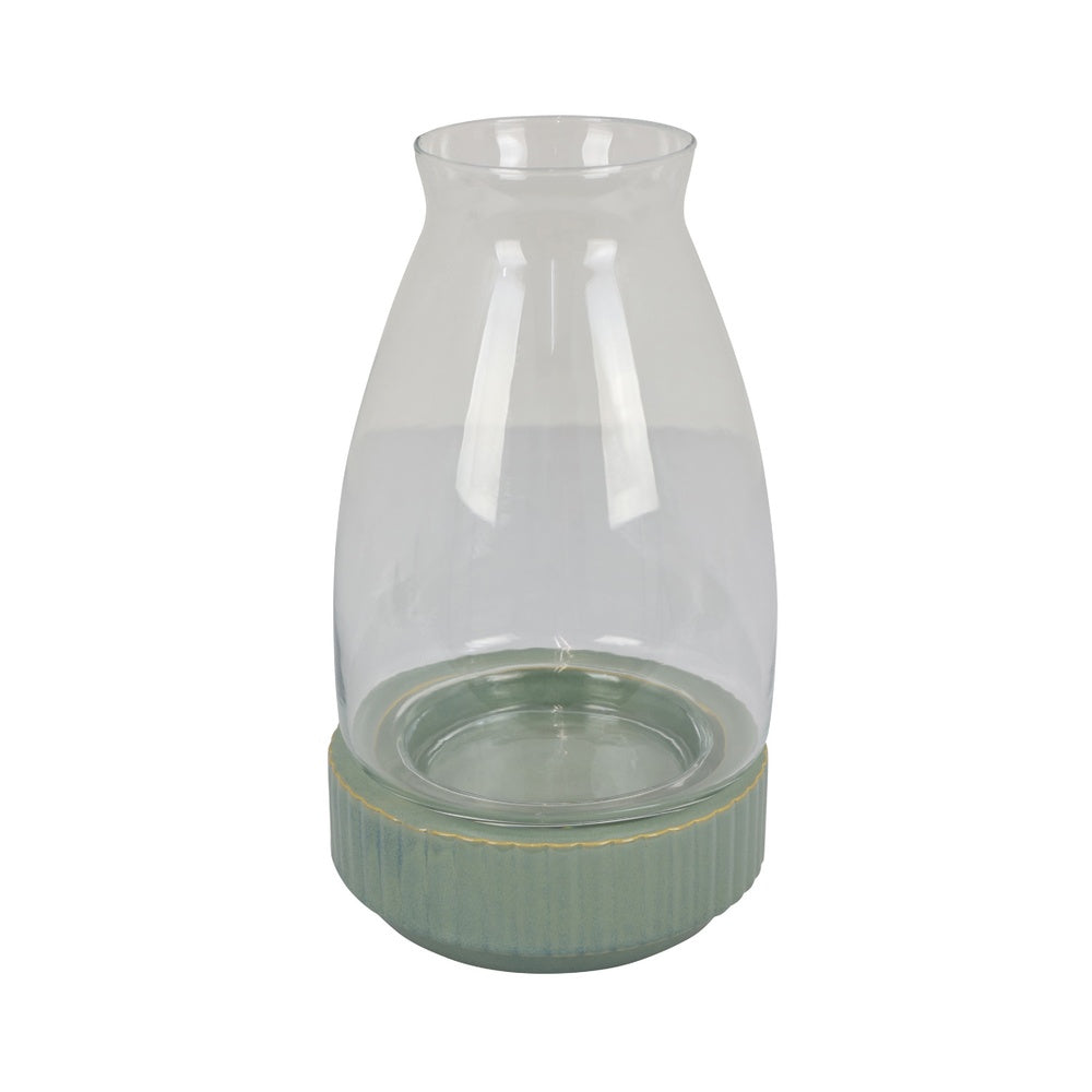 Ahna Modern Vase with Green Ribbed Ceramic Base, Clear Glass 16 Inch
