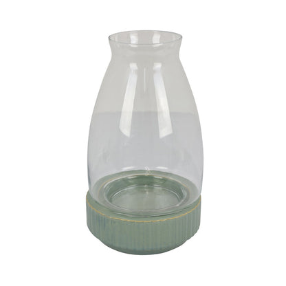 Ahna Modern Vase with Green Ribbed Ceramic Base, Clear Glass 16 Inch
