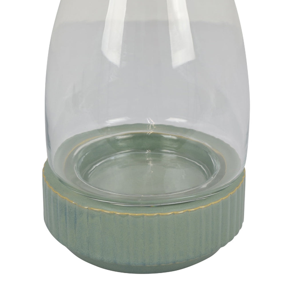 Ahna Modern Vase with Green Ribbed Ceramic Base, Clear Glass 16 Inch