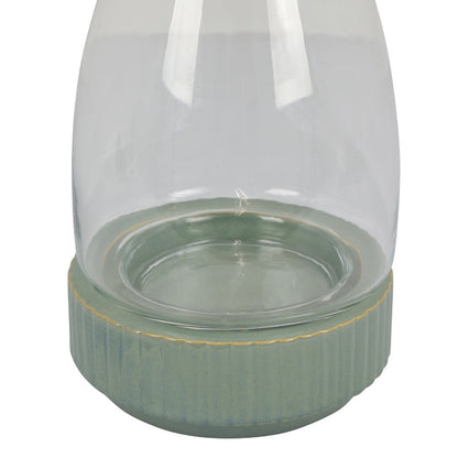 Ahna Modern Vase with Green Ribbed Ceramic Base, Clear Glass 16 Inch