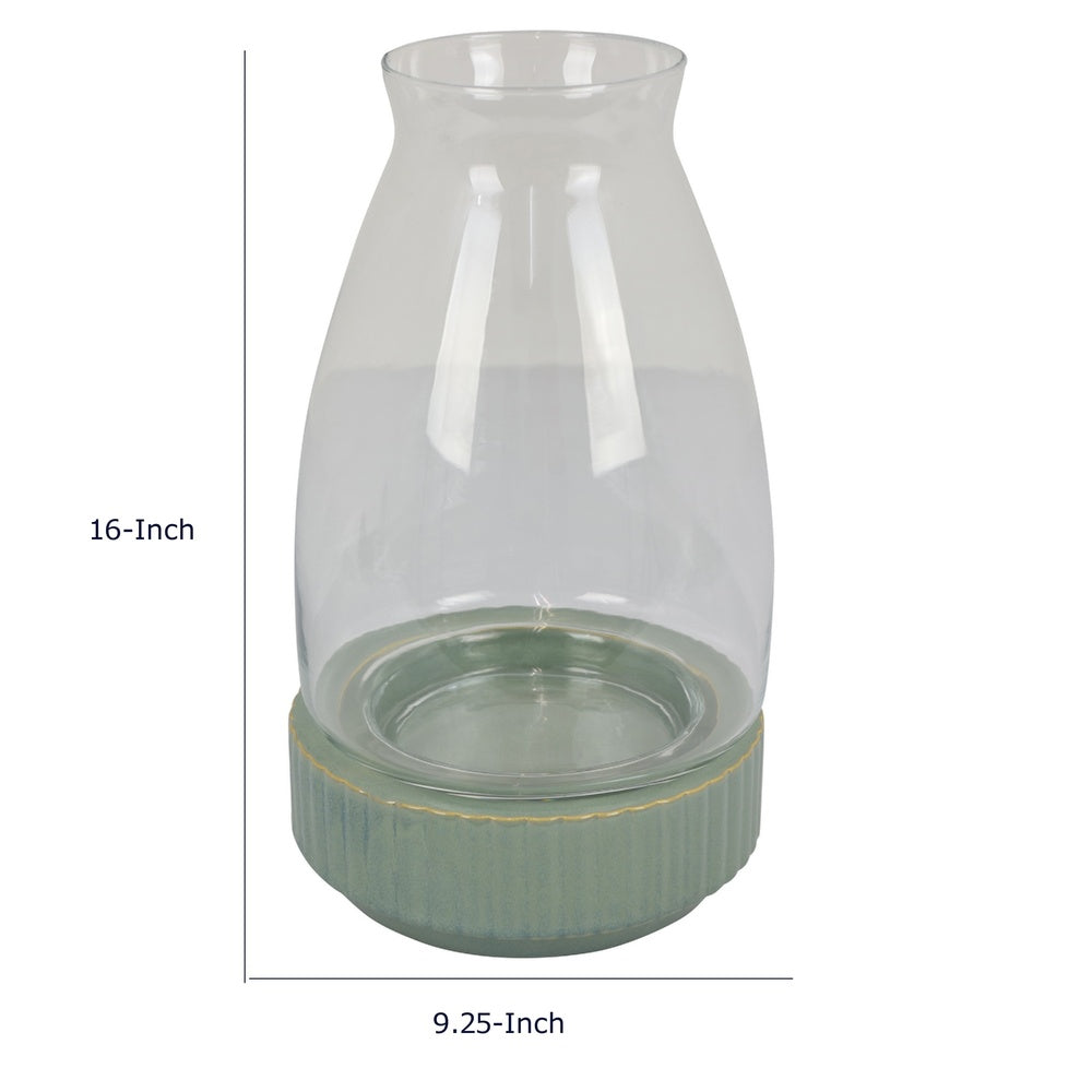 Ahna Modern Vase with Green Ribbed Ceramic Base, Clear Glass 16 Inch