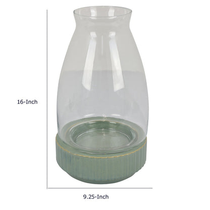 Ahna Modern Vase with Green Ribbed Ceramic Base, Clear Glass 16 Inch