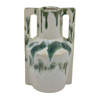 Zyma Modern Vase with Dual Handle, Green Drip Glaze, White Ceramic