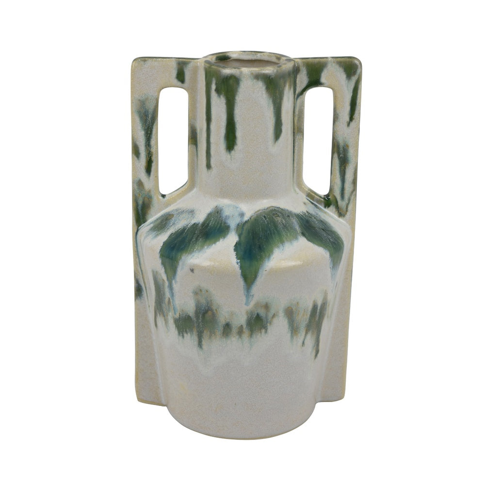 Zyma Modern Vase with Dual Handle, Green Drip Glaze, White Ceramic