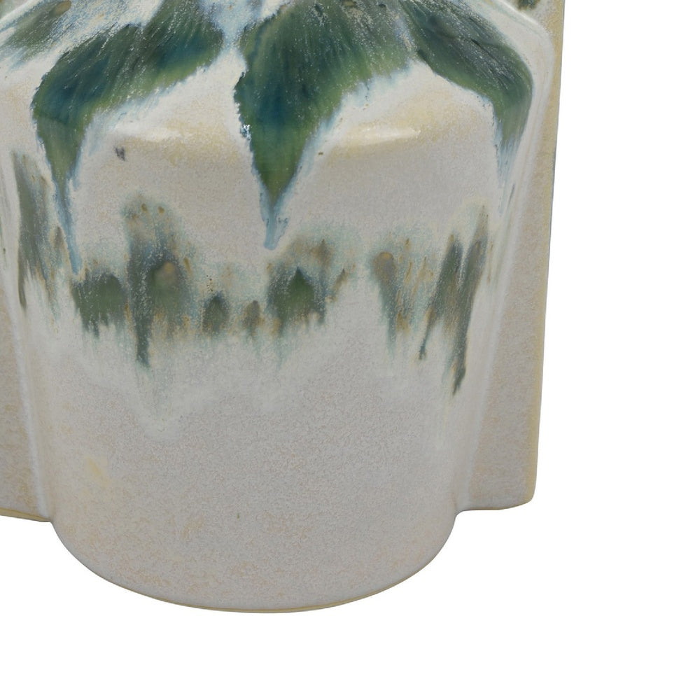 Zyma Modern Vase with Dual Handle, Green Drip Glaze, White Ceramic