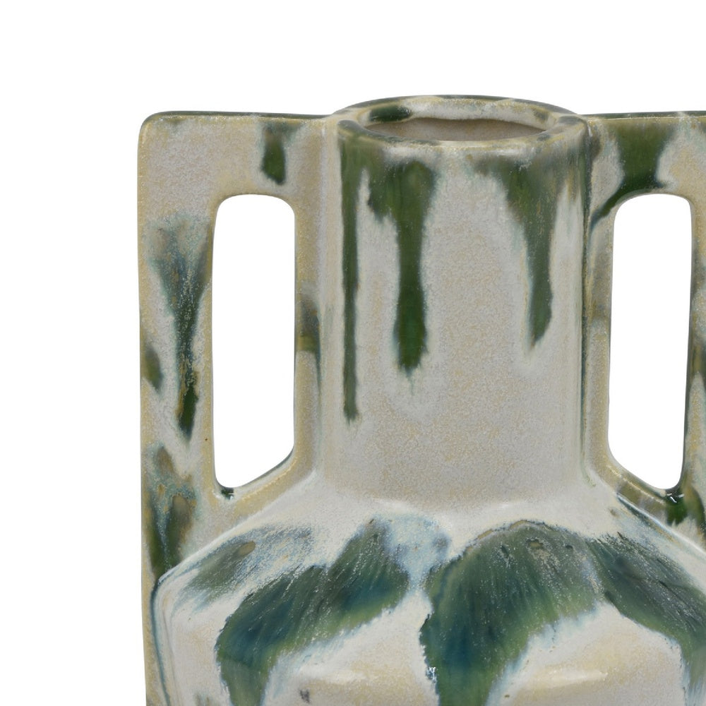 Zyma Modern Vase with Dual Handle, Green Drip Glaze, White Ceramic