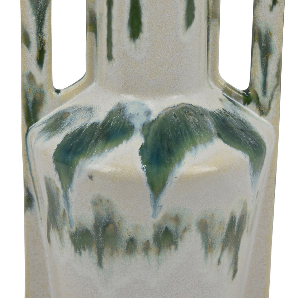 Zyma Modern Vase with Dual Handle, Green Drip Glaze, White Ceramic