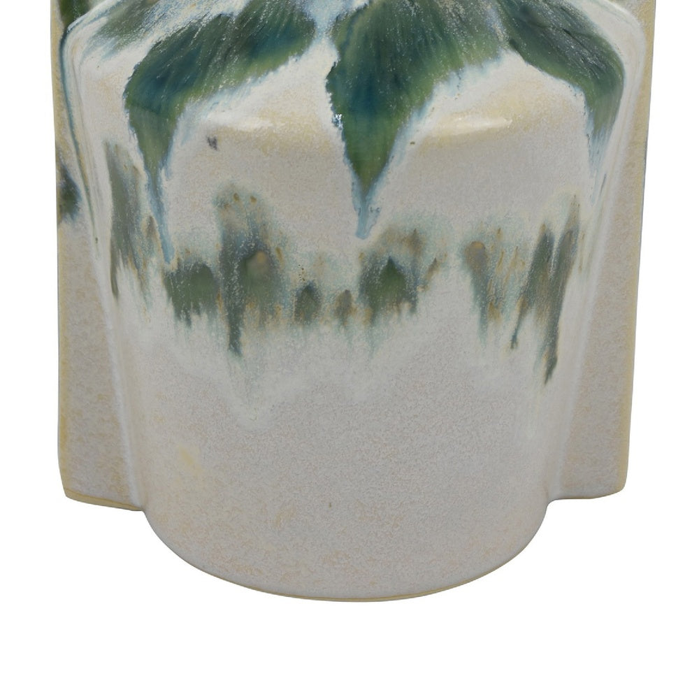 Zyma Modern Vase with Dual Handle, Green Drip Glaze, White Ceramic