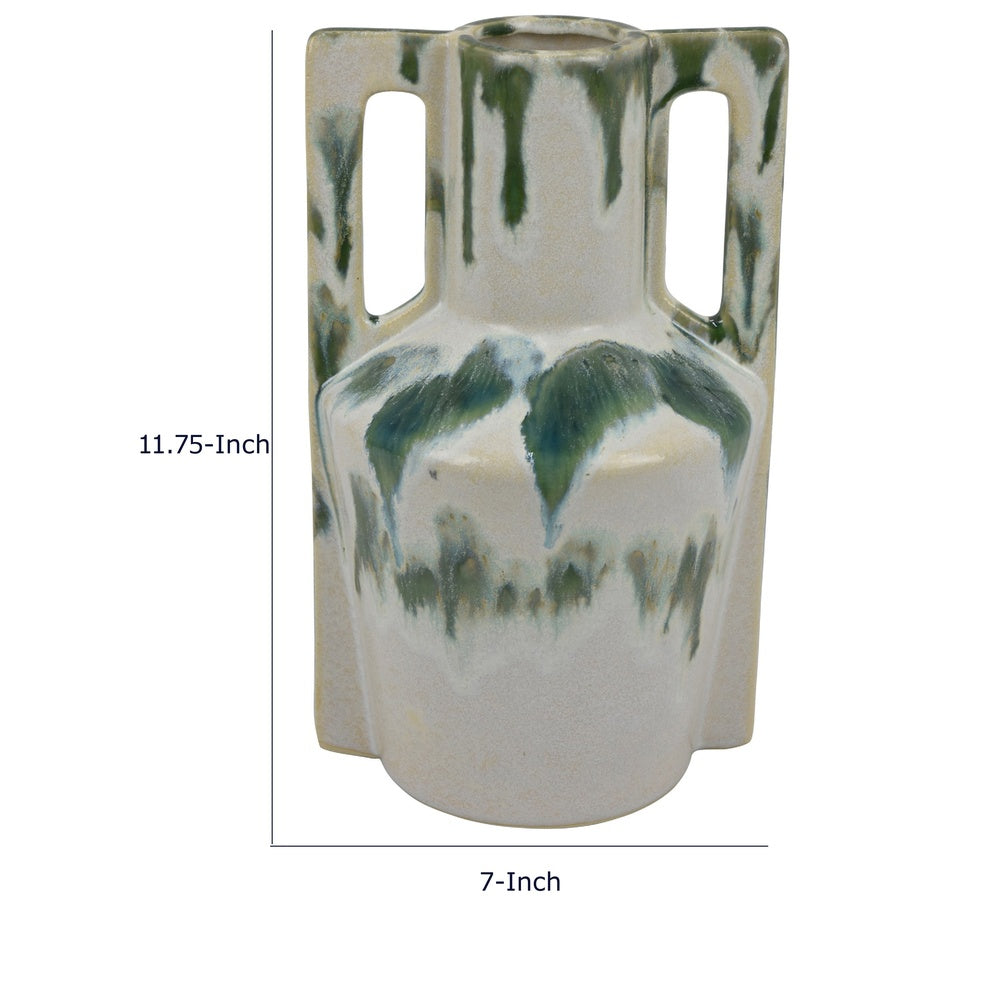 Zyma Modern Vase with Dual Handle, Green Drip Glaze, White Ceramic