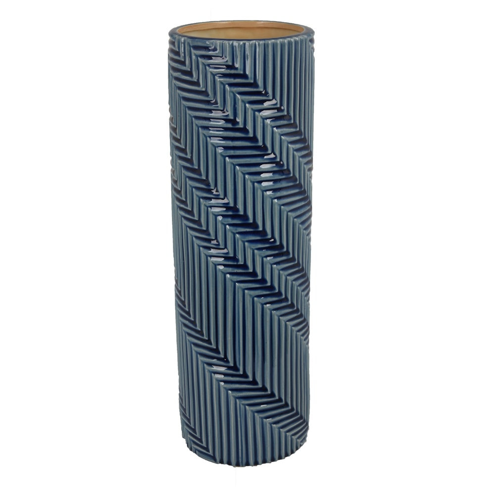 Decorative Flower Vase, Textured Herringbone, Blue Ceramic, 20 Inch