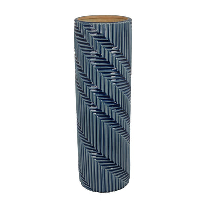 Decorative Flower Vase, Textured Herringbone, Blue Ceramic, 20 Inch