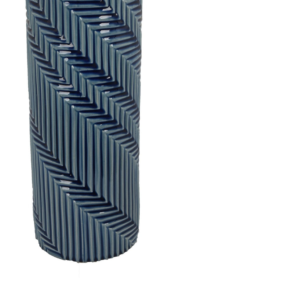 Decorative Flower Vase, Textured Herringbone, Blue Ceramic, 20 Inch