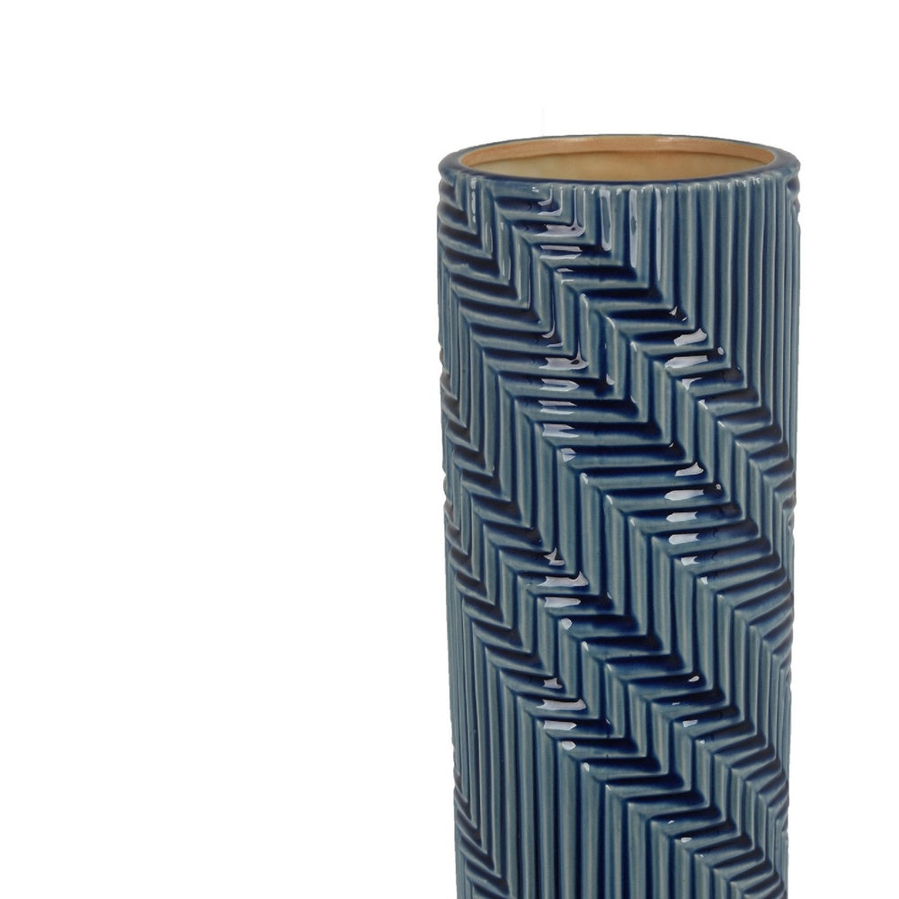 Decorative Flower Vase, Textured Herringbone, Blue Ceramic, 20 Inch