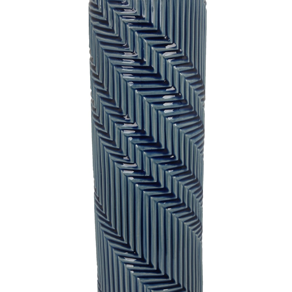 Decorative Flower Vase, Textured Herringbone, Blue Ceramic, 20 Inch