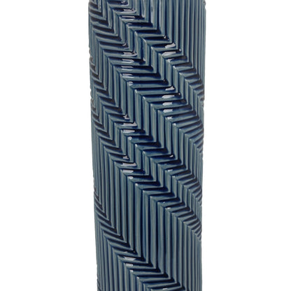 Decorative Flower Vase, Textured Herringbone, Blue Ceramic, 20 Inch