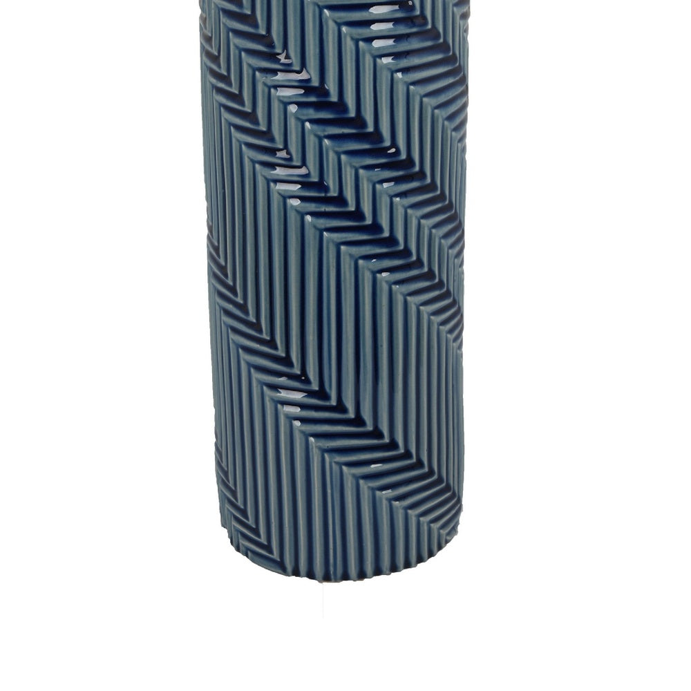 Decorative Flower Vase, Textured Herringbone, Blue Ceramic, 20 Inch