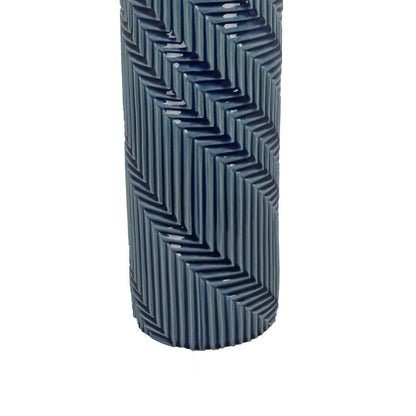 Decorative Flower Vase, Textured Herringbone, Blue Ceramic, 20 Inch