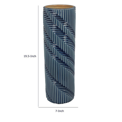 Decorative Flower Vase, Textured Herringbone, Blue Ceramic, 20 Inch