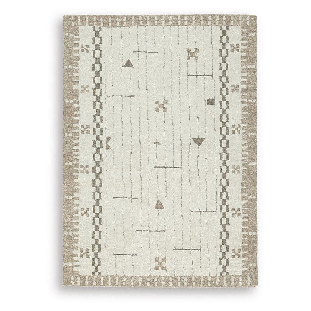 Dotty Medium Area Rug, Taupe Geometric Border Design, Cream Wool 5 x 7