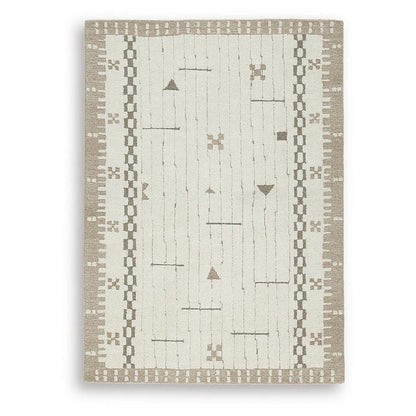 Dotty Medium Area Rug, Taupe Geometric Border Design, Cream Wool 5 x 7