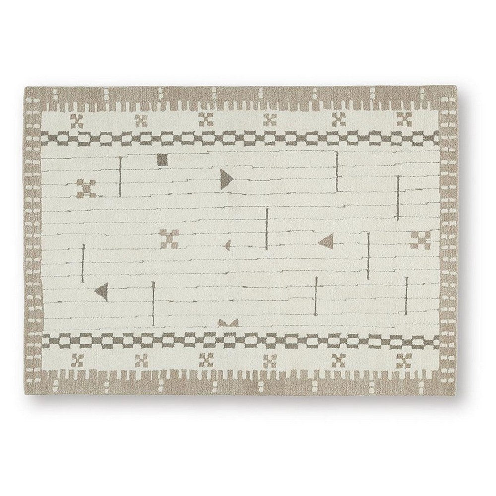 Dotty Medium Area Rug, Taupe Geometric Border Design, Cream Wool 5 x 7