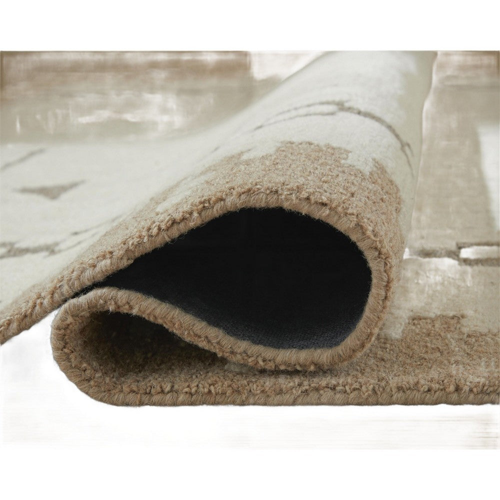 Dotty Medium Area Rug, Taupe Geometric Border Design, Cream Wool 5 x 7