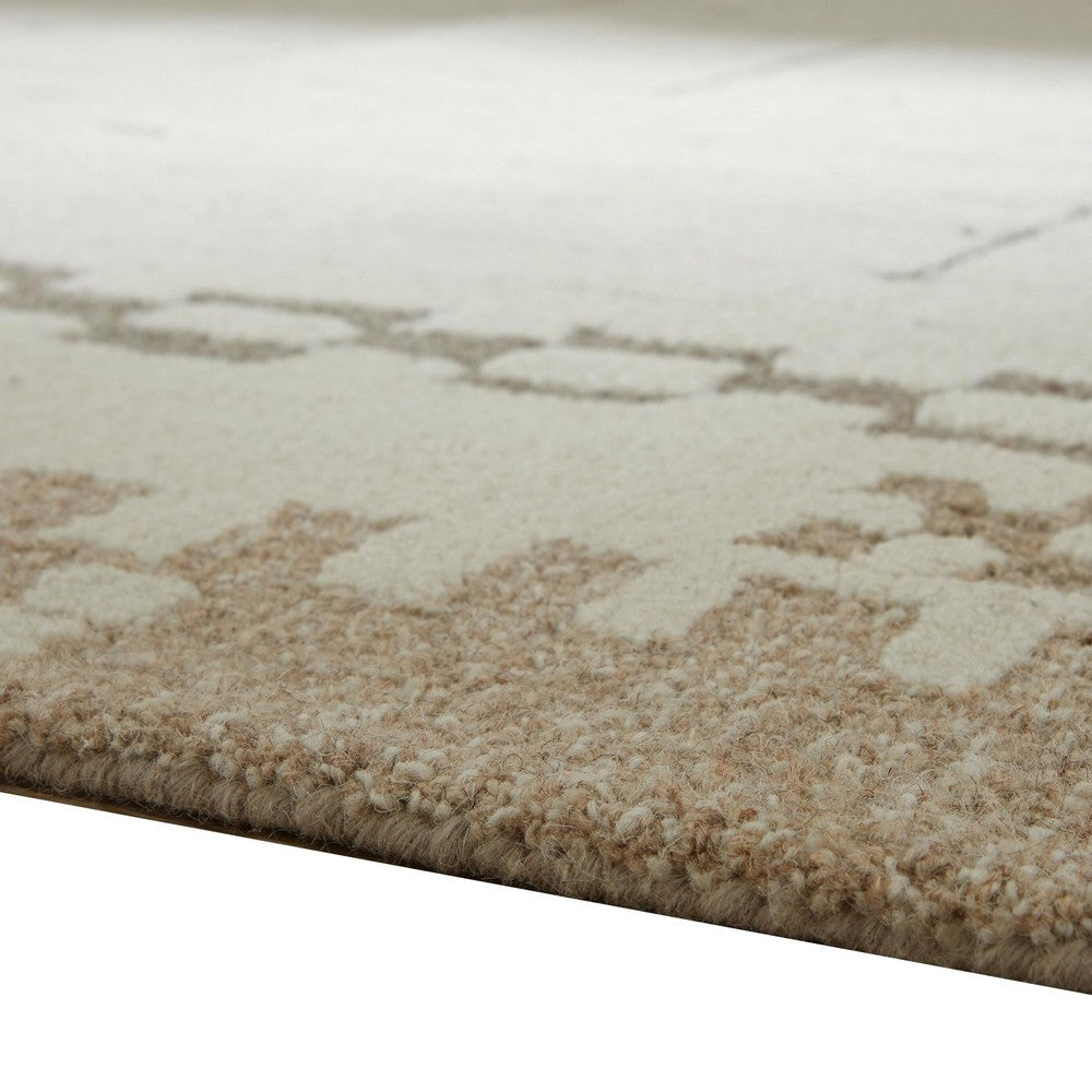 Dotty Medium Area Rug, Taupe Geometric Border Design, Cream Wool 5 x 7