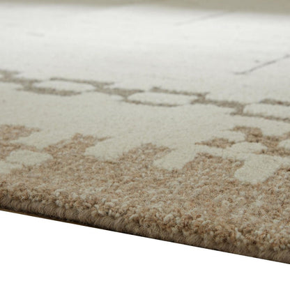 Dotty Medium Area Rug, Taupe Geometric Border Design, Cream Wool 5 x 7