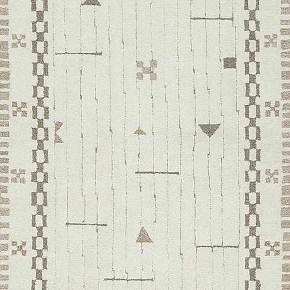 Dotty Medium Area Rug, Taupe Geometric Border Design, Cream Wool 5 x 7
