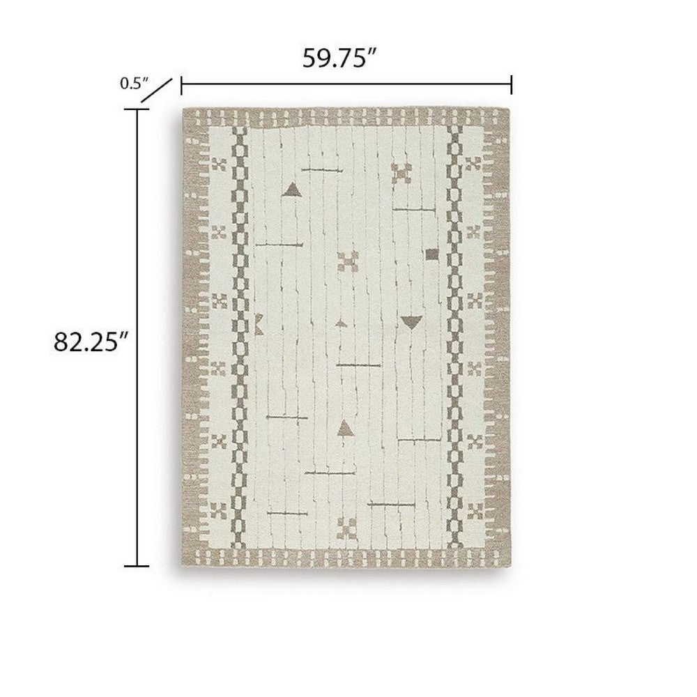Dotty Medium Area Rug, Taupe Geometric Border Design, Cream Wool 5 x 7