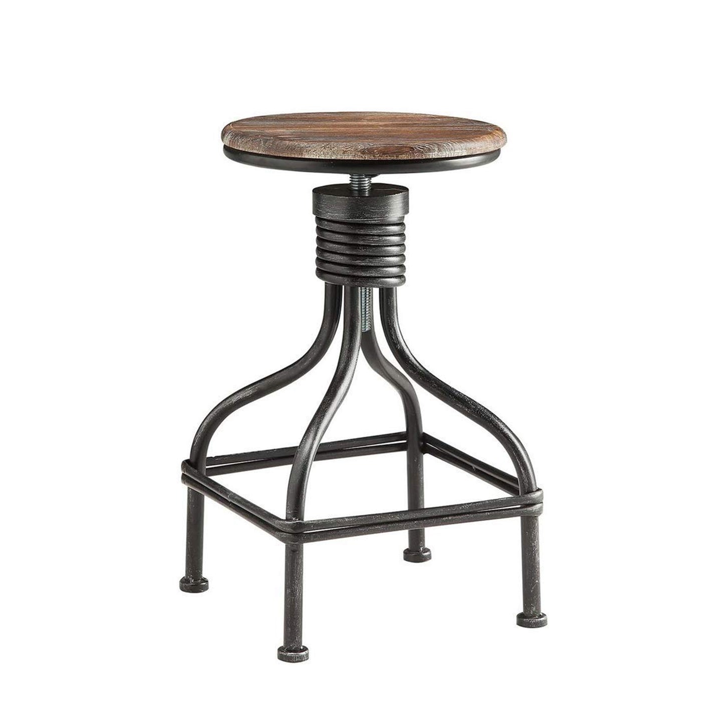 Benzara swivel counter bar stool with vintage black metal frame and round brown wood seat