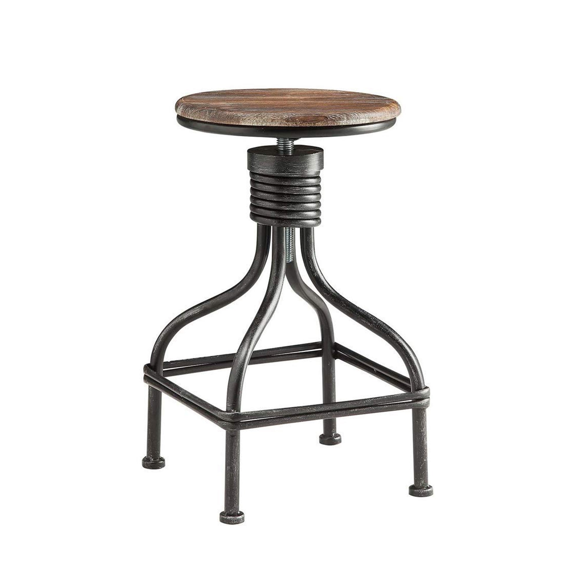 Benzara swivel counter bar stool with vintage black metal frame and round brown wood seat