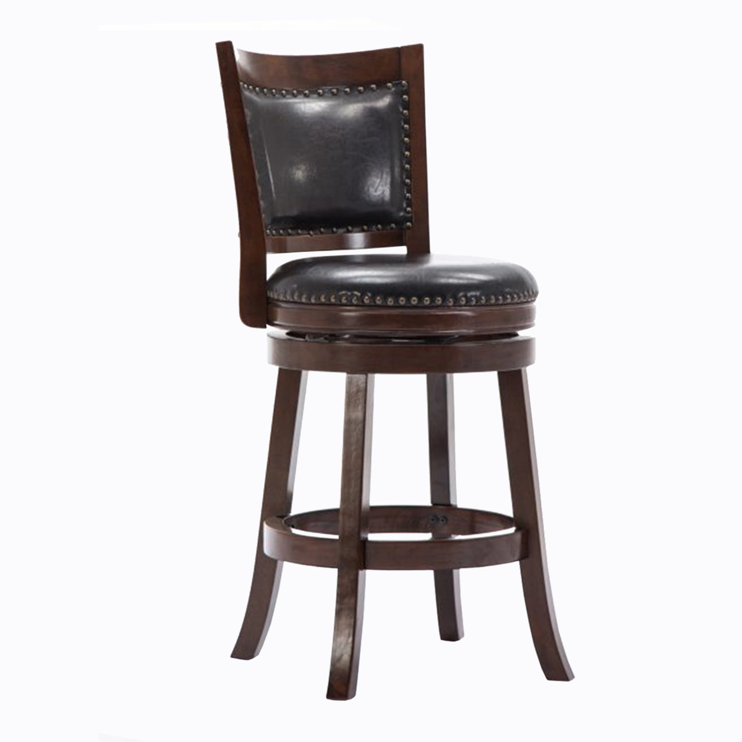 Nailhead Round Leatherette Counter Stool with Flared Leg, dark brown wood frame and black seat.